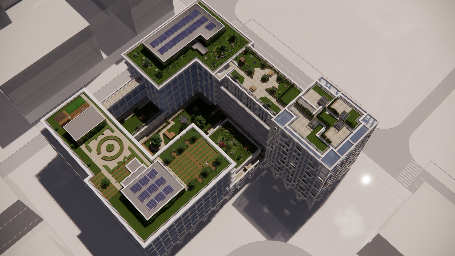 Aménagement paysager sur le toit d'un complexe privé au Luxembourg